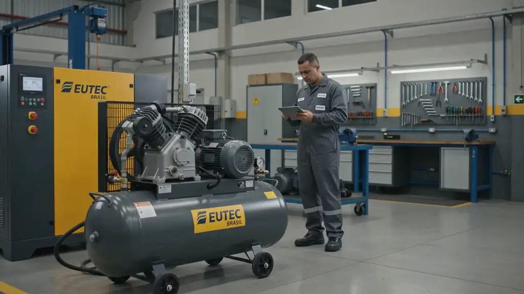 Técnico da Eutec Brasil inspecionando um compressor de pistão na oficina em Indaiatuba